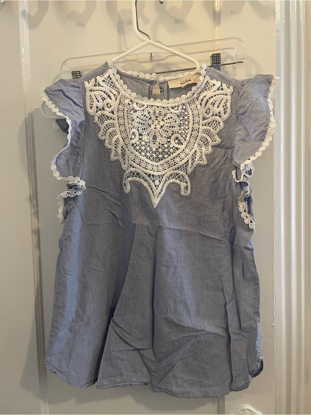 LOFT Blue and White Striped Lace-Trim Top